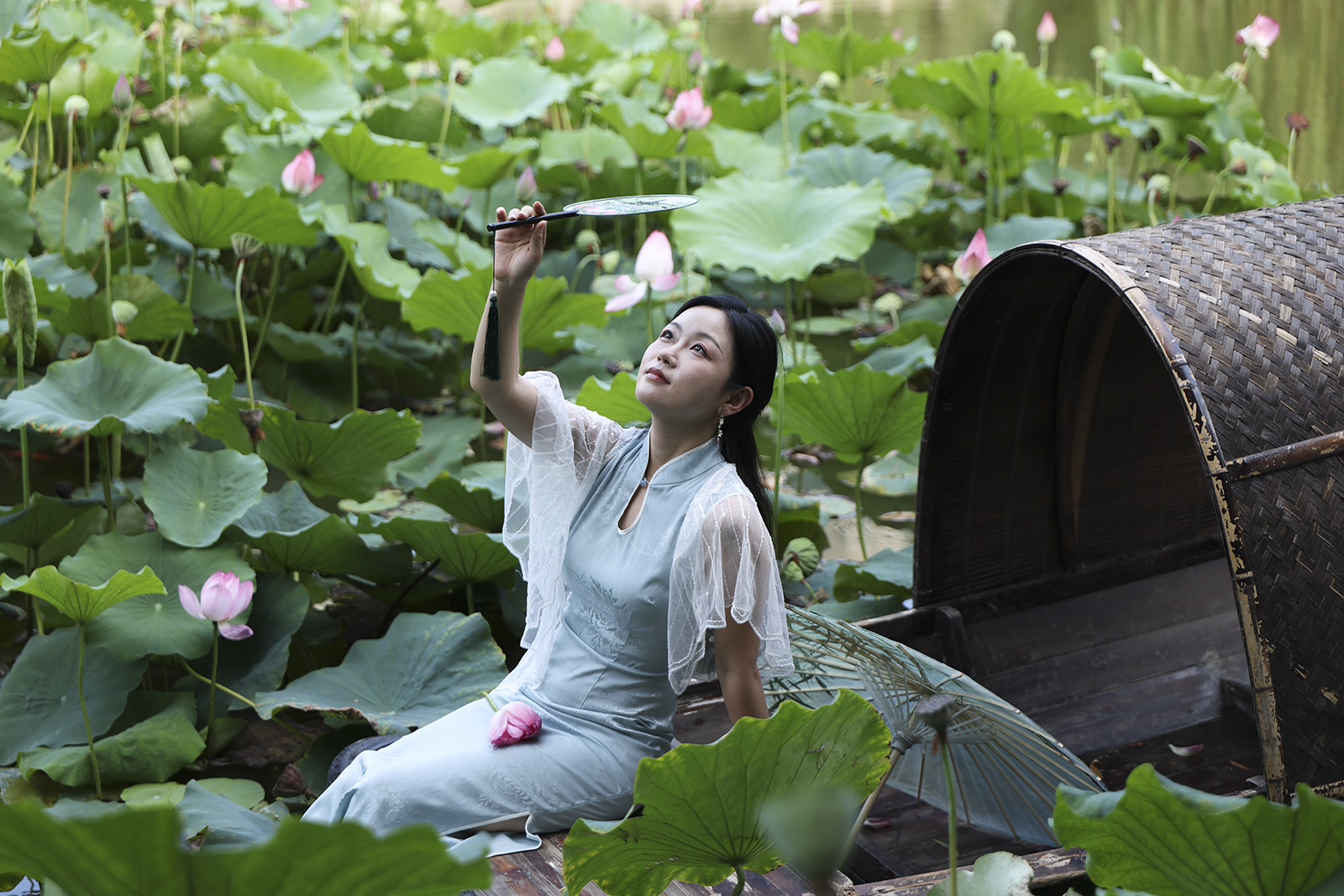 纨扇遮光：汉服女子的莲间雅趣