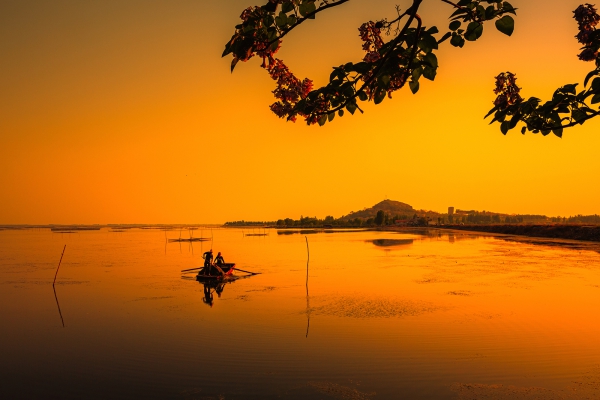 夕照微山湖