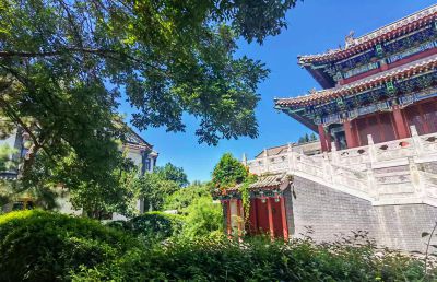 红墙绿树，蓝天相映